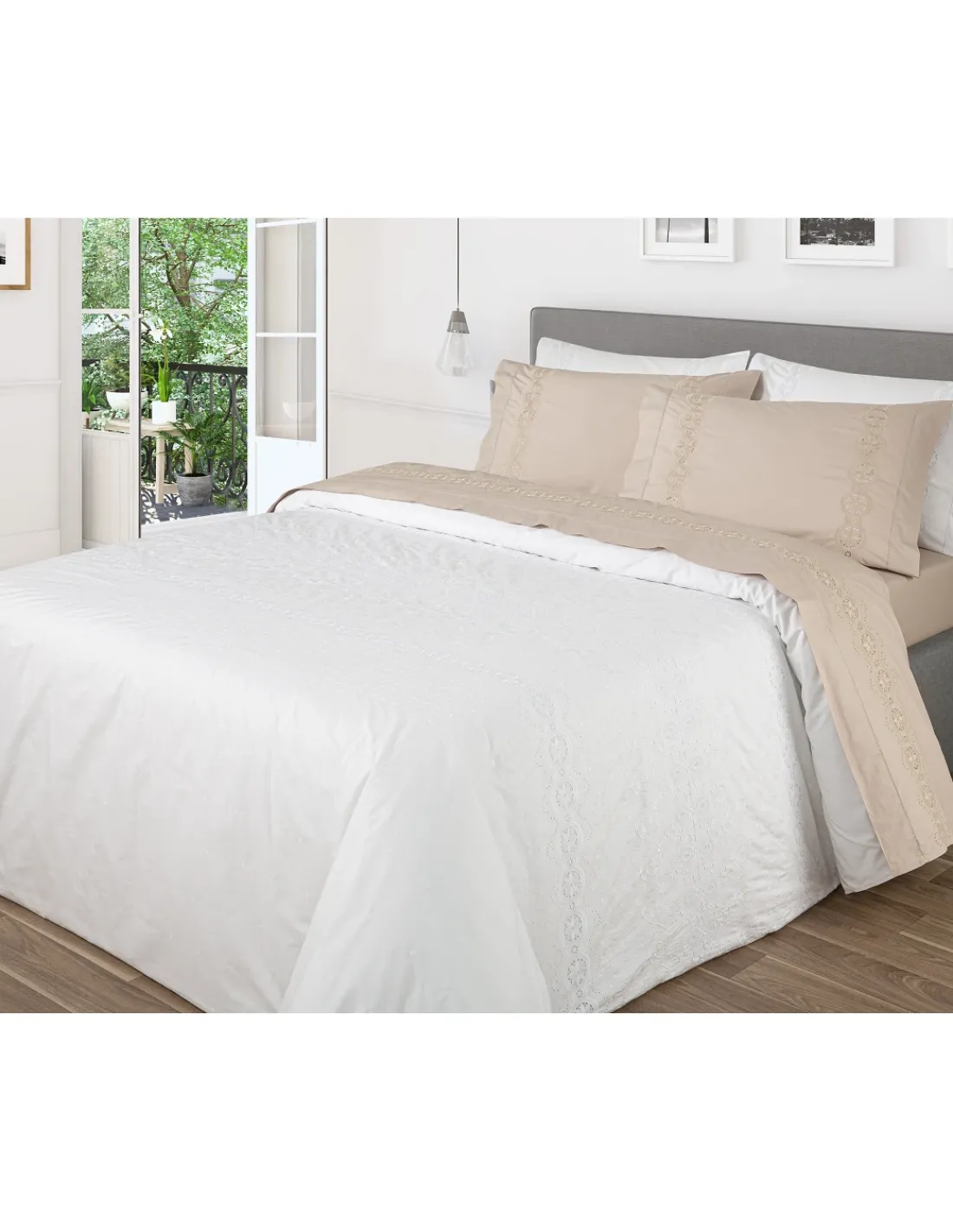 Portugal Natura 240x220 cm - L´artisan algodão percal 200 fios - Bordado Alower C/ ajour Branco